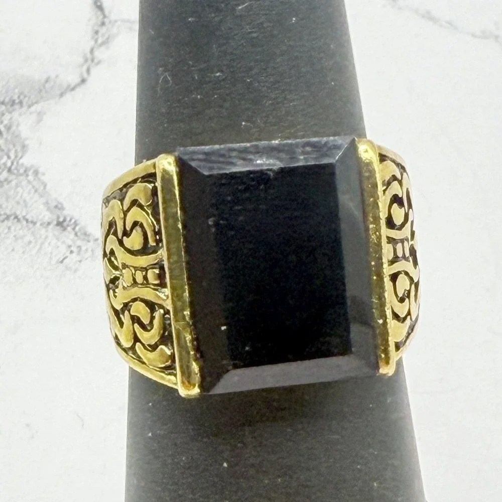 Gold Tone Black Faceted Stone Signet Style Ring Sizes 6.25 & 8.5 VIDEO
